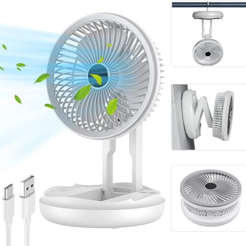 AMOVO Personal Fan Mini Desk Fan USB Rechargeable Fan Portable Table Fan Foldable, Small Ceiling Fan Wall Mount Fan, 4 Speeds Adjustable, 270° Rotation, Cooling Fan for Home Office Traving