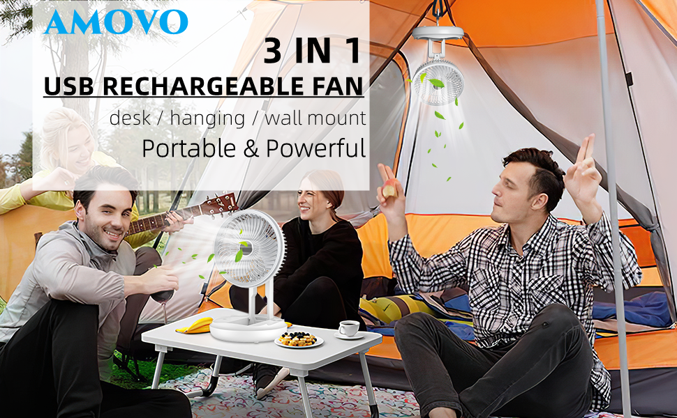 AMOVO Personal Fan Mini Desk Fan USB Rechargeable Fan Portable Table Fan Foldable, Small Ceiling Fan Wall Mount Fan, 4 Speeds Adjustable, 270° Rotation, Cooling Fan for Home Office Traving